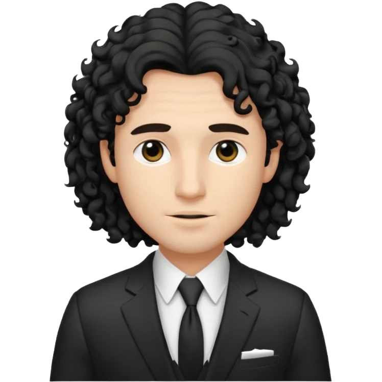 Cockasian guy with black long curly hair thats on his face and black eyes wearing a White simple suit guy  emoji