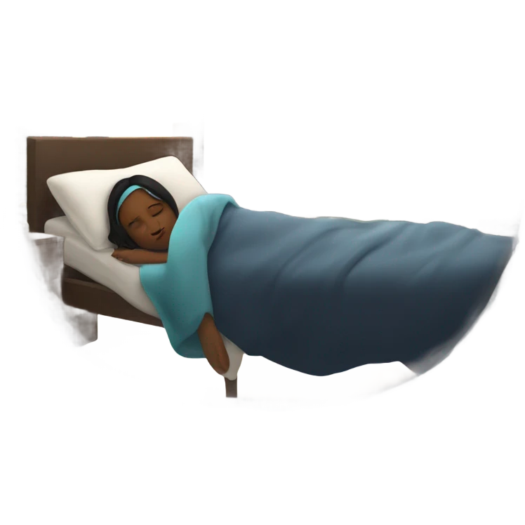 Peacefully sleeping woman in a bed, dark hair, eye mask, and a skyline visible through a window  emoji