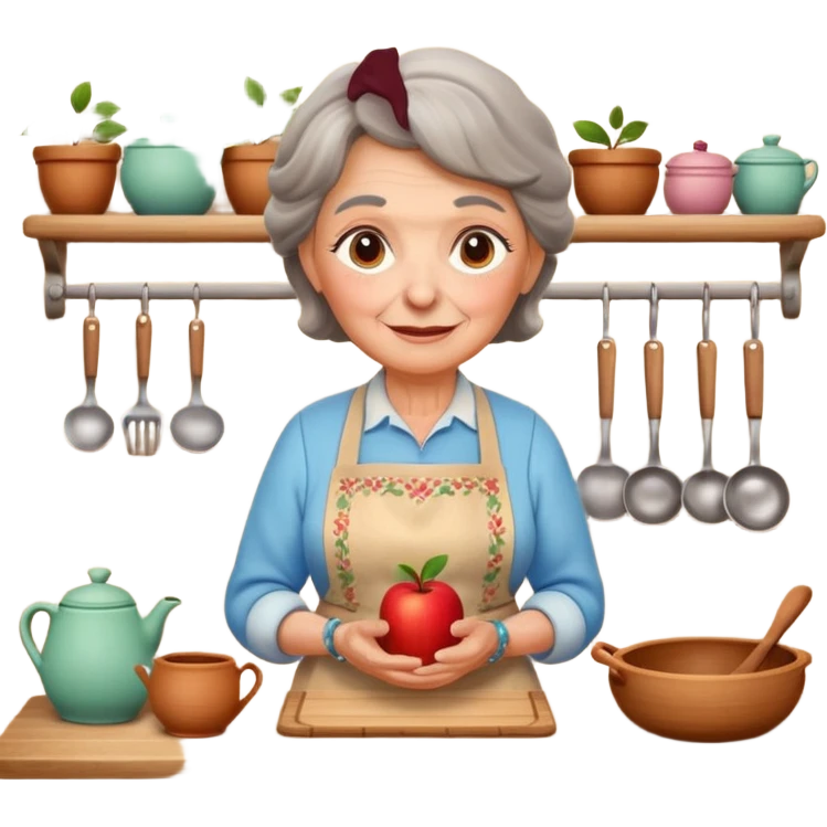cartoon Apple iOS emoji style rural elderly woman, pastel colors, Chilean wooden kitchen background, clay pots, warm light, detailed and clean vector art emoji