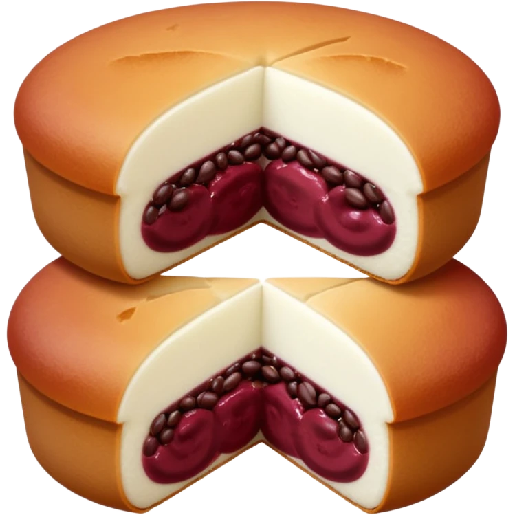 A soft round mochi cut in half, showing the filling inside (red bean paste or pink/white filling), outer layer is white and slightly stretchy-looking, smooth and pillowy texture, simple flat design style, centered on transparent background.
 emoji