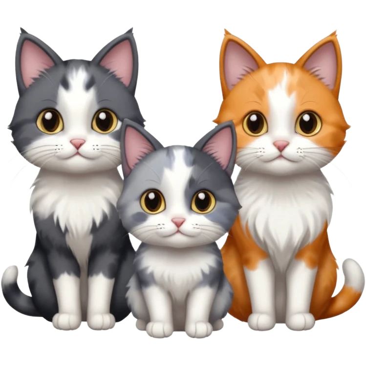 3 different coloured small cats including a dark grey and white, and a patchy calico and a solid grey with only white paws emoji