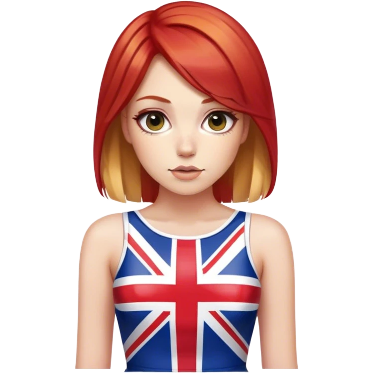 Geri Halliwell with red hair and blonde highlights wearing a short bodycon Union Jack flag dress emoji