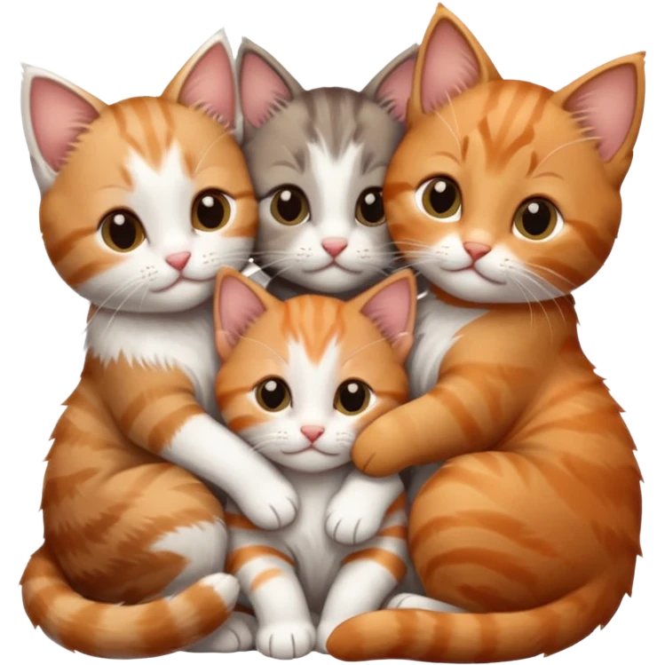 3 tiny kittens cuddling together all different colours, the first one is grey and white, the second is ginger and white and the third is brown tabby and white emoji