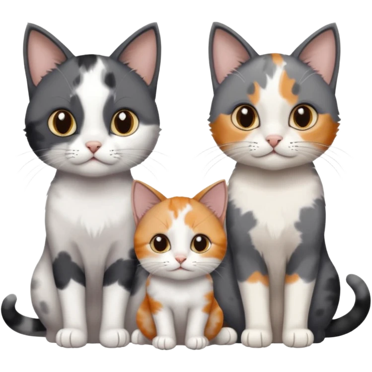 3 different coloured small cats including a dark grey and white, and a patchy calico and a completely solid dark grey with only white paws emoji