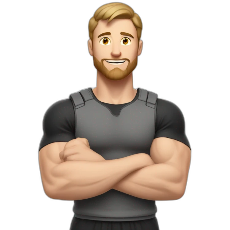Close up Actively gesturing  with hands Pale skinned Fit Man With the biceps and brown hair in dark gray Sleeveless Mike, black oversize sports shorts, watch and white Sneakers emoji