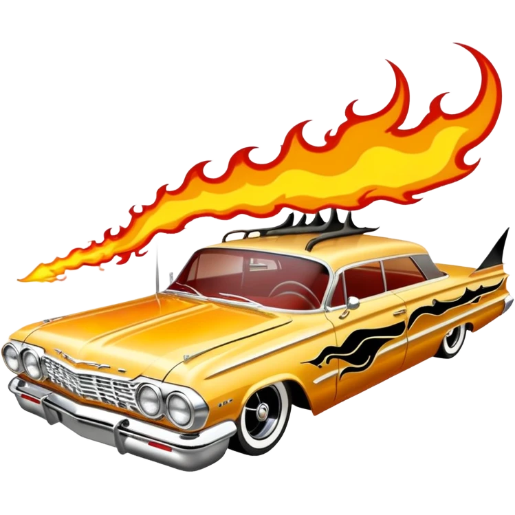 Satan’s streamlined Hot rod custom 1964 impala low rider four door Anubis themed painted hood flaming side-mounted chrome exhaust pipes driving straight to hell  emoji