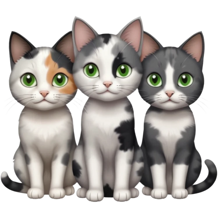 3 different coloured small cats including a dark grey and white, and a patchy calico and a completely solid dark grey with green eyes and only white paws emoji