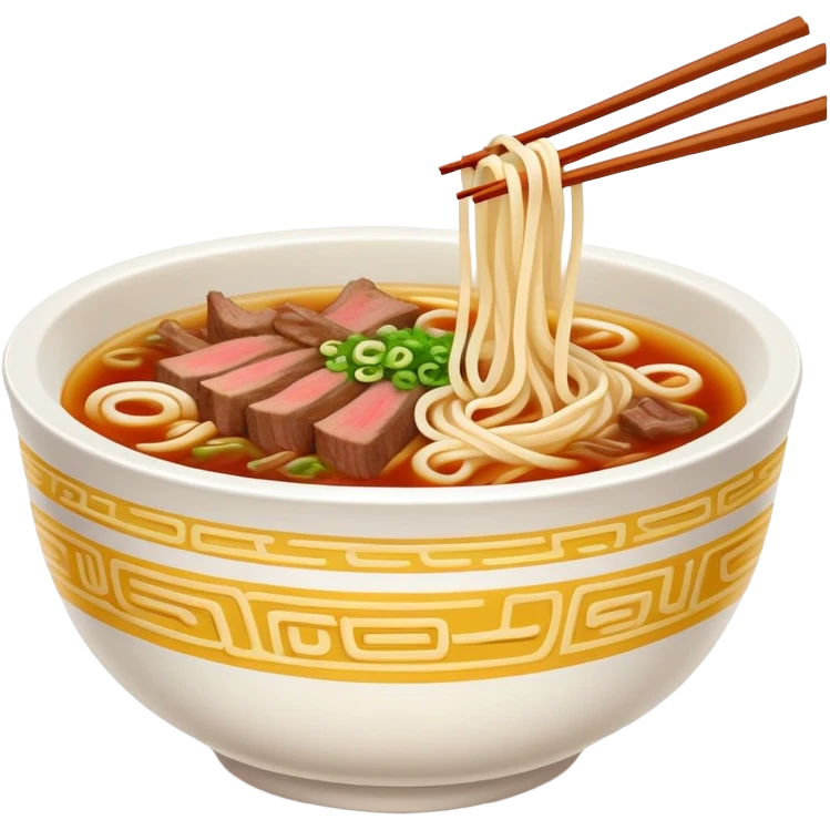 Lanzhou hand-pulled noodles with beef and clear broth, simplified emoji style with bold outlines and bright colors, cartoon style traditional Chinese lamian in bowl emoji