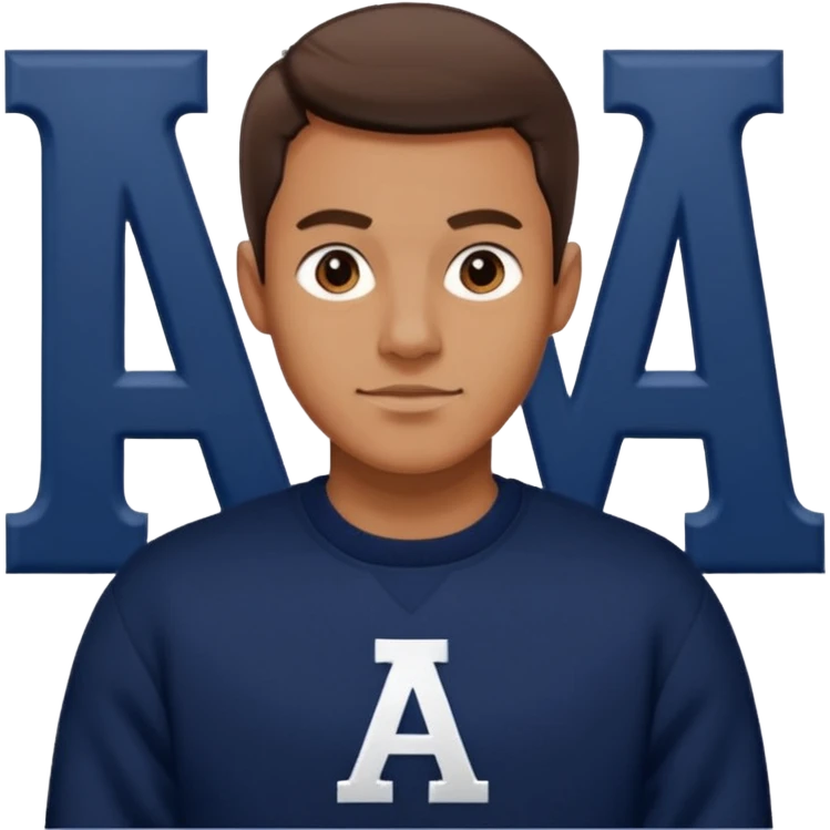 man wearing a dark navy sweater with a giant white letter A on the upper right of the chest in collegiate font emoji