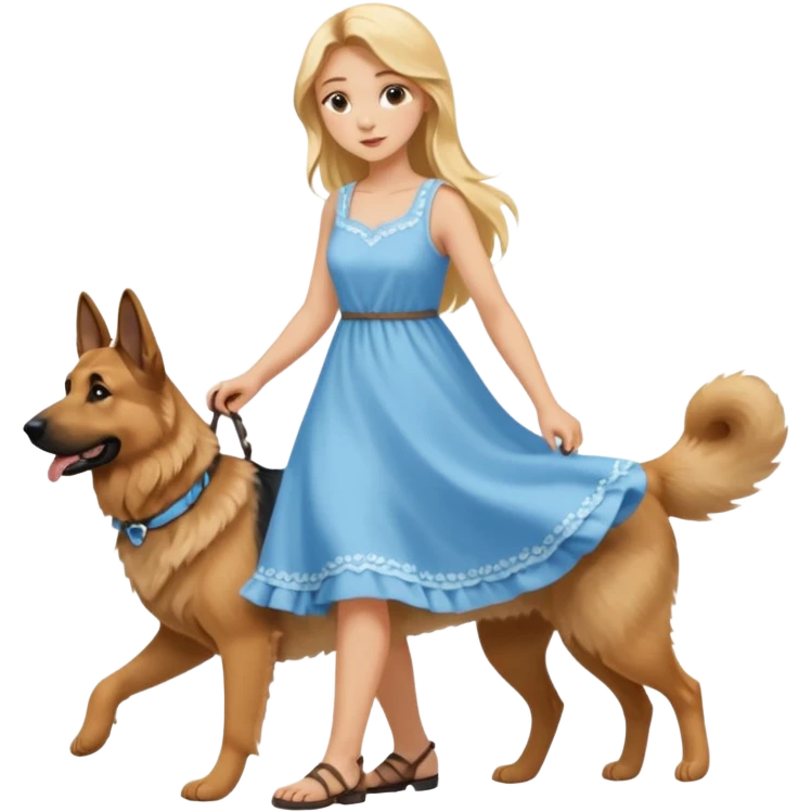 Blonde girl with long hair wearing sky blue summer dress walking her german shepherd emoji