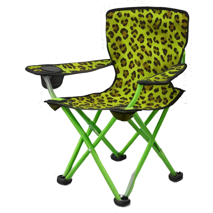 Realistic lime green and leopard print pattern camping folding chair isolated.  emoji