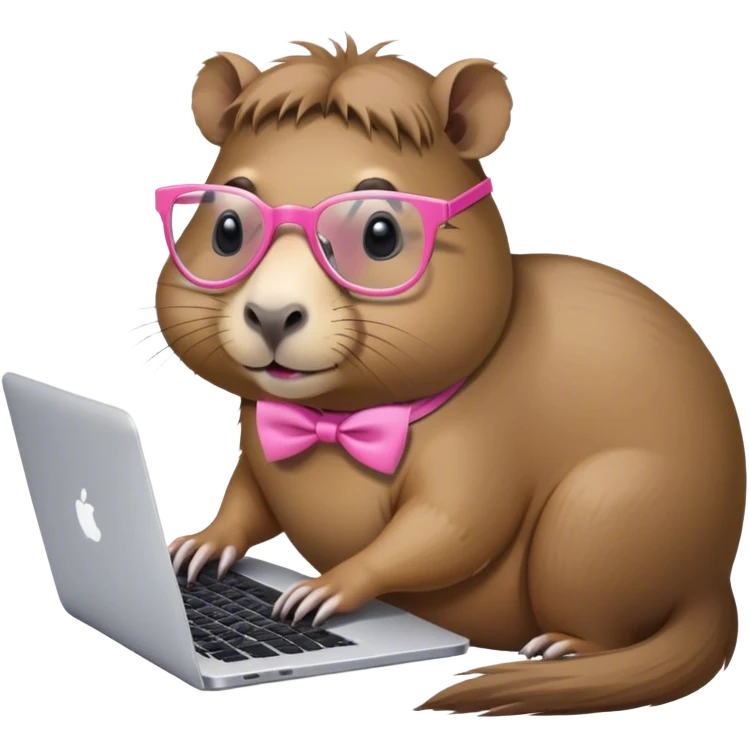 capivara de óculos e laço cor de rosa mexendo no macbook emoji