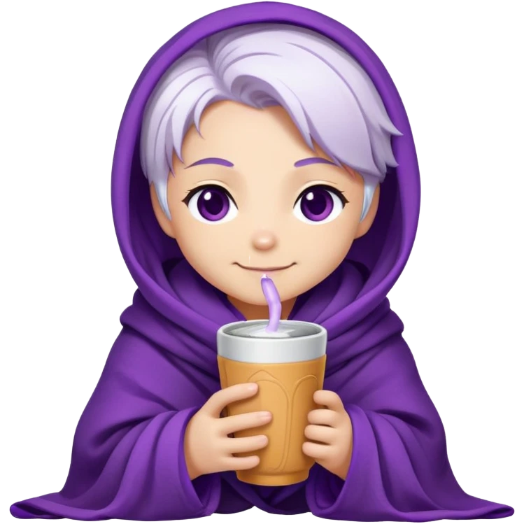Chibi Sable Ward wrapped in a blanket, holding a warm drink, cozy expression, white hair with purple streaks, fully purple eyes, content smile emoji