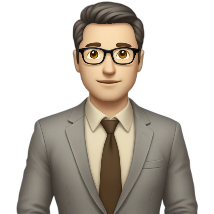 Full height Actively Gesturing Pale skinned fit man with dark brown hair in gray jacket, beige office shirt, brown tie, brown pants and vintage glasses. emoji