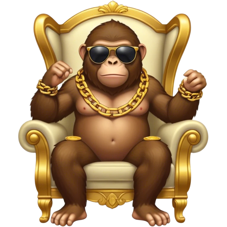 ape with big golden chain on the neck wearing sunglasses sitting in the armchair that stands on gold coins full height emoji