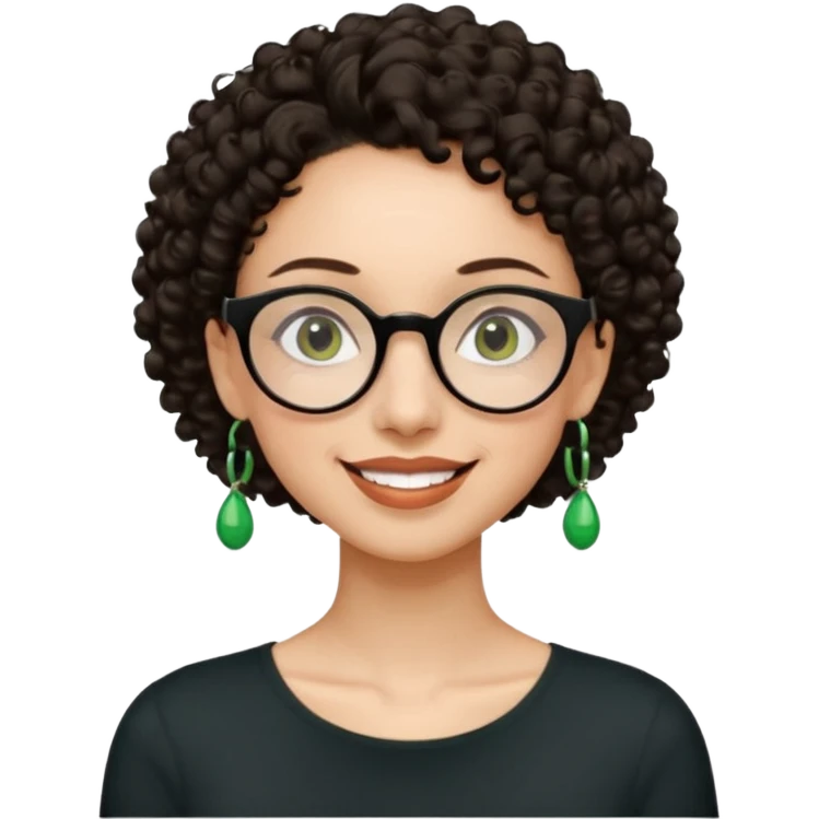 Slim, very slender woman with light skin, short dark curly hair, large brown eyes, black round glasses, big green earrings, thin arms and narrow shoulders, warm wide smile, friendly and intelligent expression. emoji