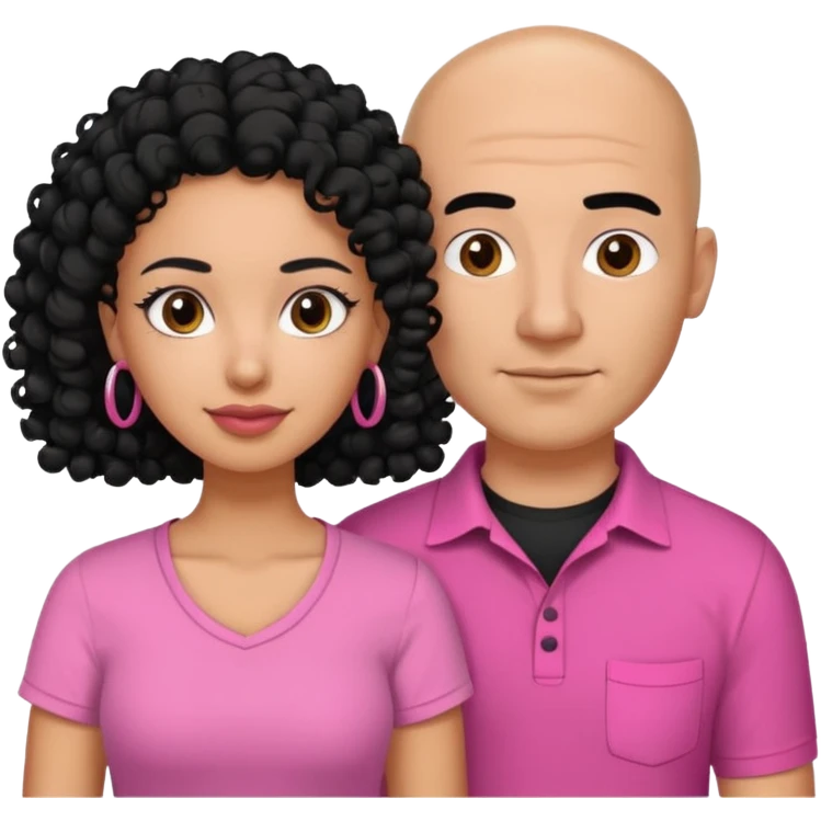 A picture if a couple. the man is a Mexican man with  black hair, a bald hair cut and black shirt on. the woman is mixed with black and white, with curly shoulder length hair and a pink shirt on emoji