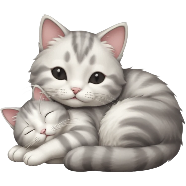 1 grey and white small cat with its eyes closed lying down leaning on its elbow with its paw curled under his head holding it up emoji
