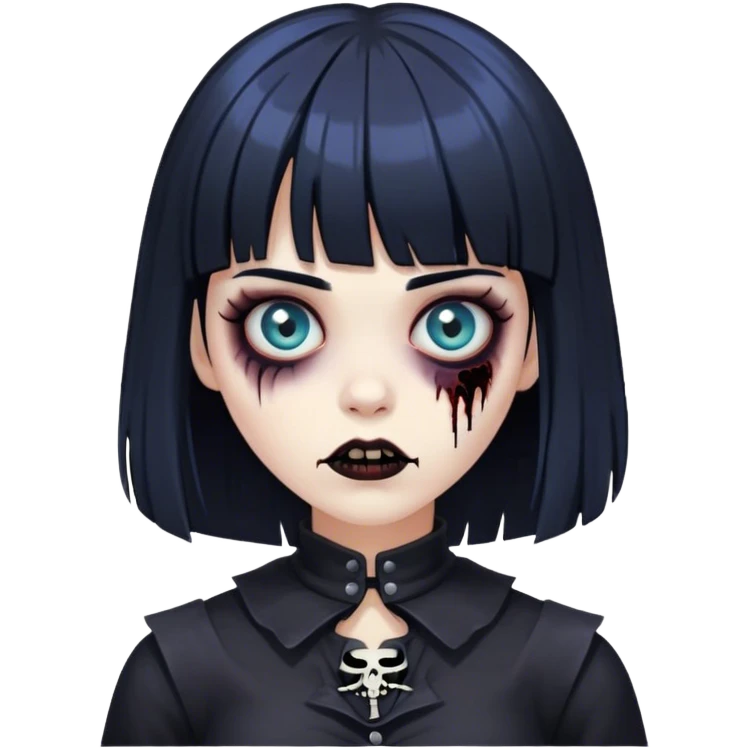 mulher com franja, cabelo médio preto azulado, roupa preta zumbi  emoji