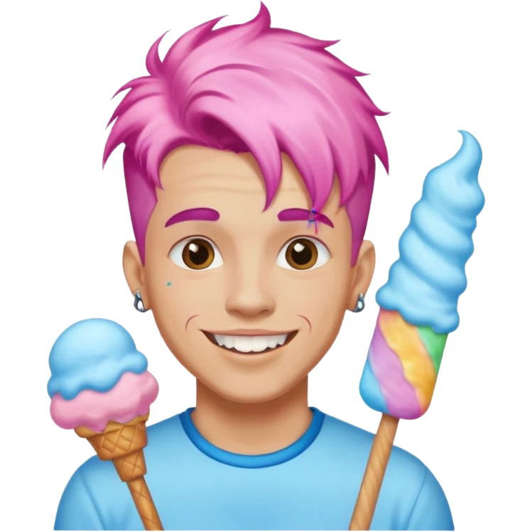happy colorful cotton candy haired man with braces and tattoos and just face emoji
