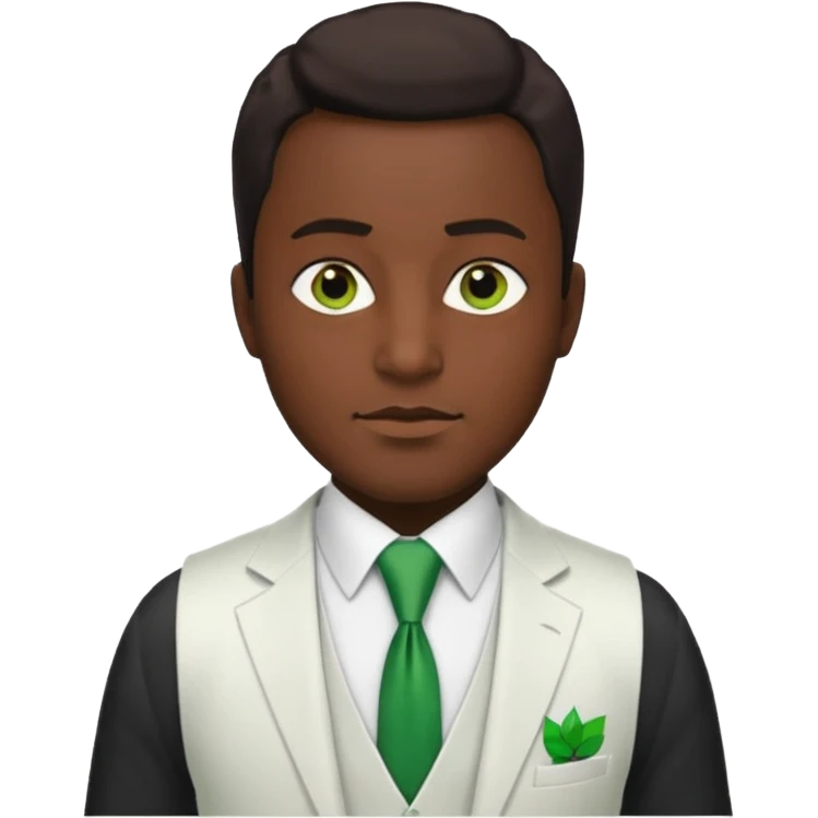 businessman, black skin, brown eyes, white suit vest, green tie emoji