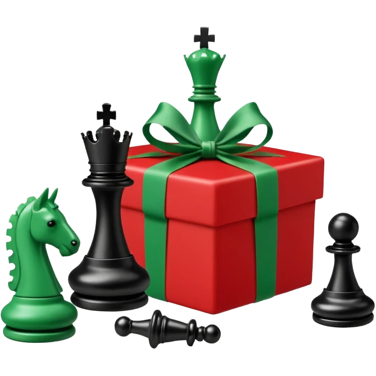A red gift tied with a green ribbon in a white polka dot, with a knight and pawn chess pieces falling out of the gift emoji