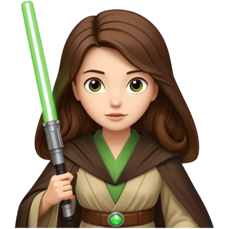 Ios 18 starwars theme ( jedi, robots etc..) long brown hair lady with lightaber green or red. Every one is alone. Not all in one emoji emoji