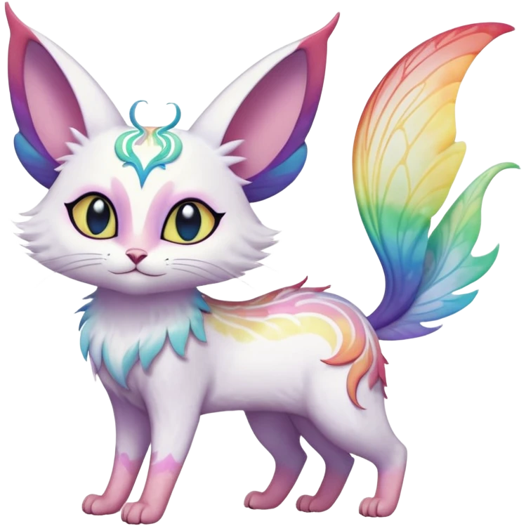 Jumping-Pure-snow-White albino iridescent with pastel rainbow-gradients-color-markings with swirly patterns butterflies  faerie-Noivern-Noibat-Purloin-Torracat-Lykoi-Caracal-cat-Fakemon-fusion-hybrid-creature- emoji