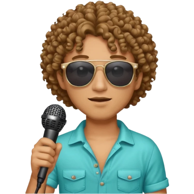 curly haired man with summer clothes and sun glasses holding microphone emoji