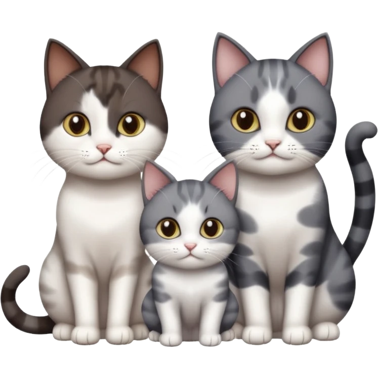 4 different coloured short haired cats including; a dark brown and white cat, and a dark grey and white  emoji