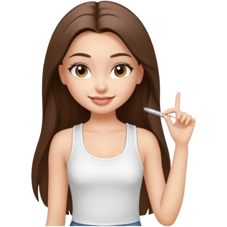 a pretty bratz fair girl with straight brunette long hair, middle partition. wearing a white thin strap trap tank top, smiling, wearing light makeup. very pretty. emoji