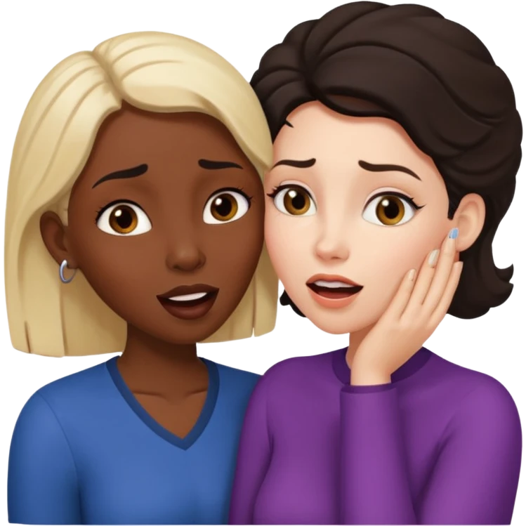 Devious cheerful white woman whispers in surprised embarrassed black woman's ear. emoji