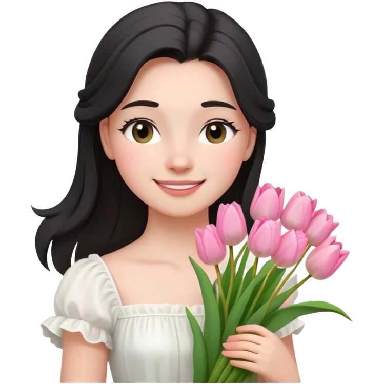  A girl Squint your eyes and smile with a black half-up half-down hairstyle, and a white dress, enjoying the spring breeze.Holding a bundle of pink tulips emoji