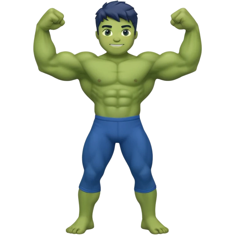 Kid Hulk flexing arms, full body, long blue pants, and smiling emoji