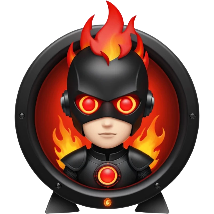 Head: A black KLIPSCH RP-8000F speaker, often represented with a red center or speaker cone.
Core: A small, bright glowing cherry-red circle representing his core.
Body & Armor: Primarily black armor plating with bright red accents or flames. emoji