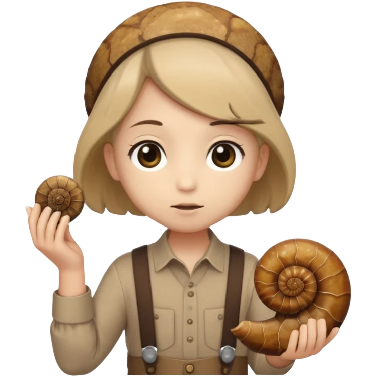 Shelly has a small, chibi-style body with a large ammonite-shaped head that looks like a beige fossil shell. One side of her head has a dark opening, making it clear she isn’t human. Her face is simple and soft, with big round eyes. She wears a brown suspender outfit over a lighter shirt emoji
