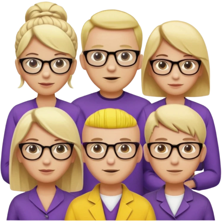 FIVE person team; 2 men and 3 women.  All dressed in yellow or purple.  2 caucasian women have blonde and 1 has ash blonde hair tied up.  1 man is black and bald, 1 man is caucasian and very little hair left.  All have glasses emoji