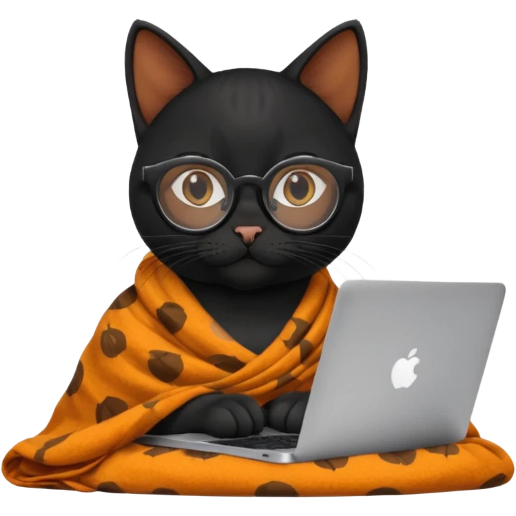 A black female cat working on a MacBook, with round frames and thin glasses, and she wears a blanket with an orange fruit pattern emoji