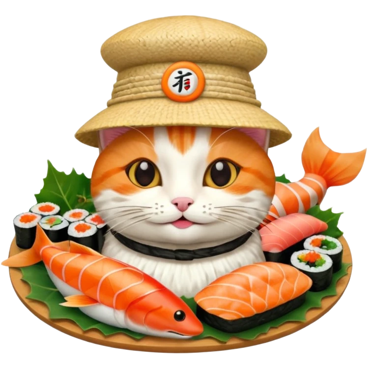 happy cat wearing a hat made out of sushi emoji
