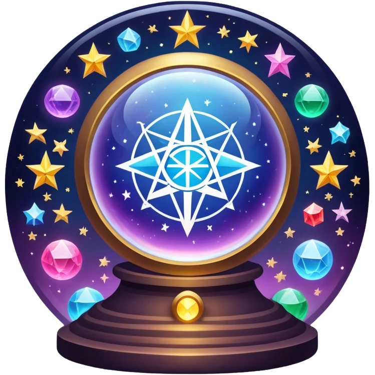 vibrant and mystical icon representing divination and esotericism. The icon should feature symbols like a crystal ball, tarot cards, or mystical runes, with glowing effects, stars, and a magical atmosphere. The design should be colorful, magical, and evoke a sense of mystery and spirituality. emoji