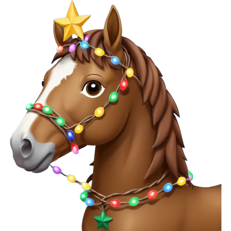 Horse rapped in Christmas lights with star on head emoji