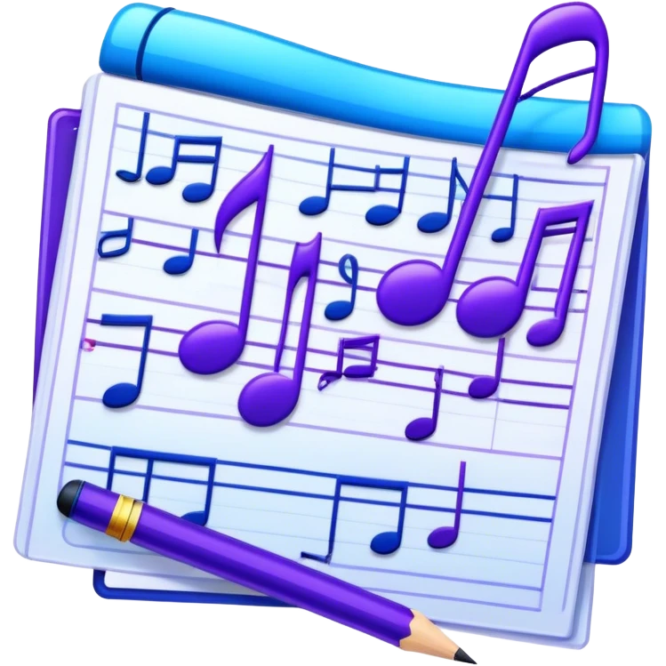 Emoji that represents music track writing. The design should feature a music composition sheet with musical notes and lyrics, a digital audio workstation (DAW) interface or soundwaves, and a pencil or pen to symbolize the writing process. Add a touch of technology with subtle elements like sound mixing sliders or waveform graphics. Use a blend of vibrant and inspiring colors, such as electric blue or neon purple, to evoke a sense of creativity and innovation. The background should be transparent. emoji