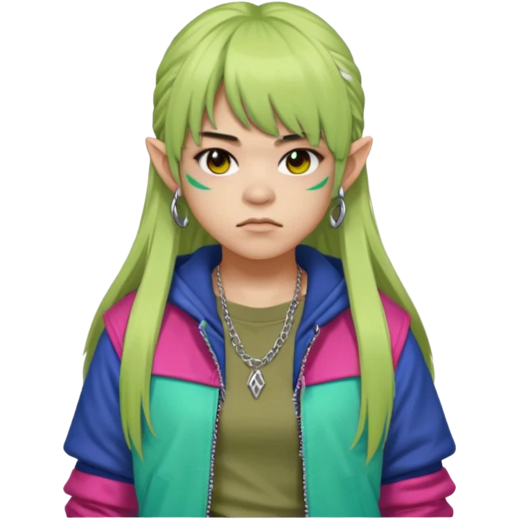  portrait-of-a-orc-k-pop-idol,-wearing-a-stylish-streetwear-outfit-with-layered-colorful-clothing,-long-hair-with-bangs,-makeup,- emoji