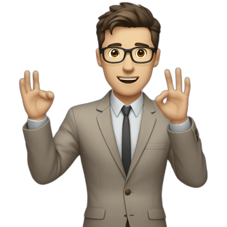 To belt Actively gesturing with hands Pale skinned fit man with dark brown hair in gray jacket, beige office shirt, brown tie, brown pants and vintage glasses. emoji