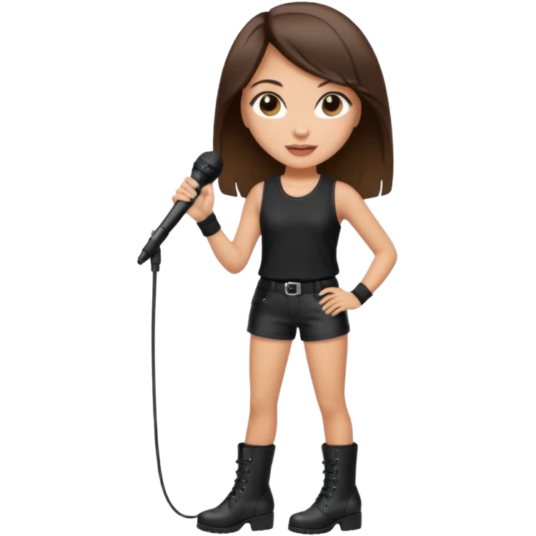 Crie uma cantora morena charmosa de shortes top e bota com microfone branca e cabelo preto Bota preta roupa preta emoji