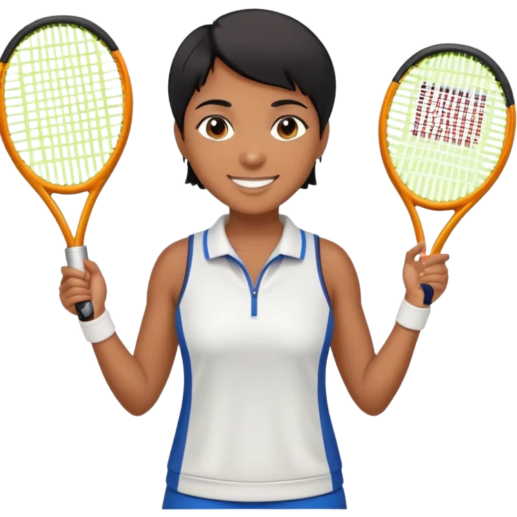 Chindian tennis coach, caramel brown, short straight hair, oval face, small eyes, big smile, wearing tennis outfit emoji