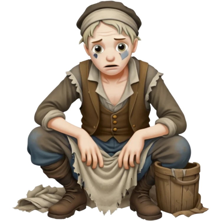 Poor Victorian laborer cowering dressed on rags emoji
