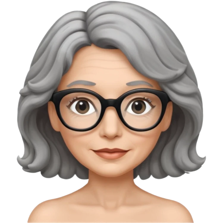 Femme 53 ans lunettes carrées noires cheveux gris ondulés nue emoji