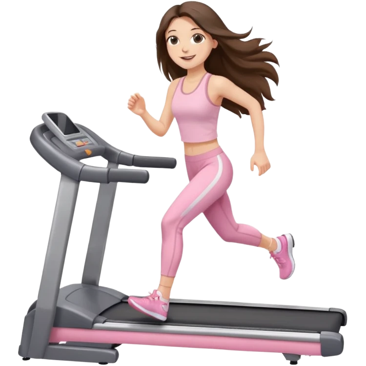happy long haired brunette girl hazel eyes in light pink walking on treadmill  emoji