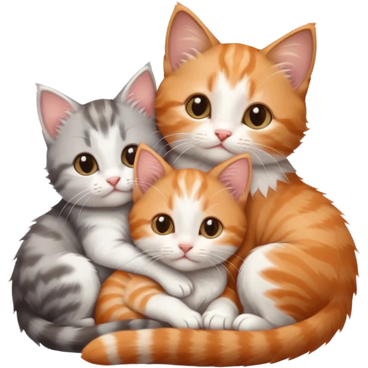 3 tiny kittens cuddling together all different colours, the first one is grey and white, the second is ginger and white and the third is brown tabby and white emoji
